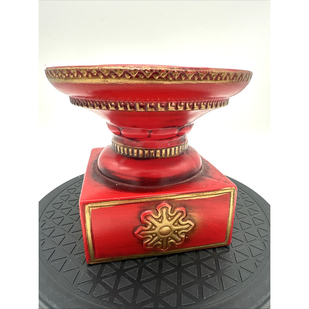 Vintage 1970s Red Pilar Candle Holder With Gold Accents Design
